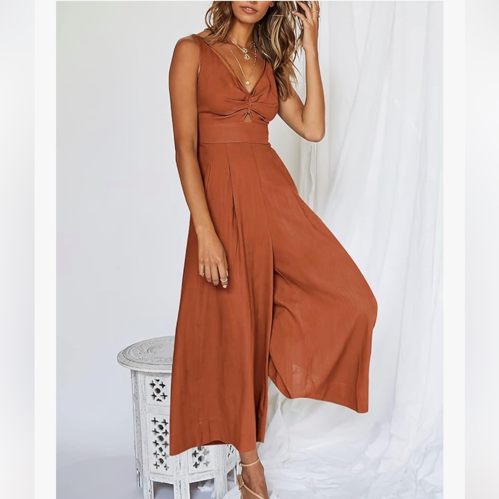 Anrabess Women's Brick Red Orange Jumpsuit Wide Leg Sleeveless Linen Romper - Picture 7 of 15